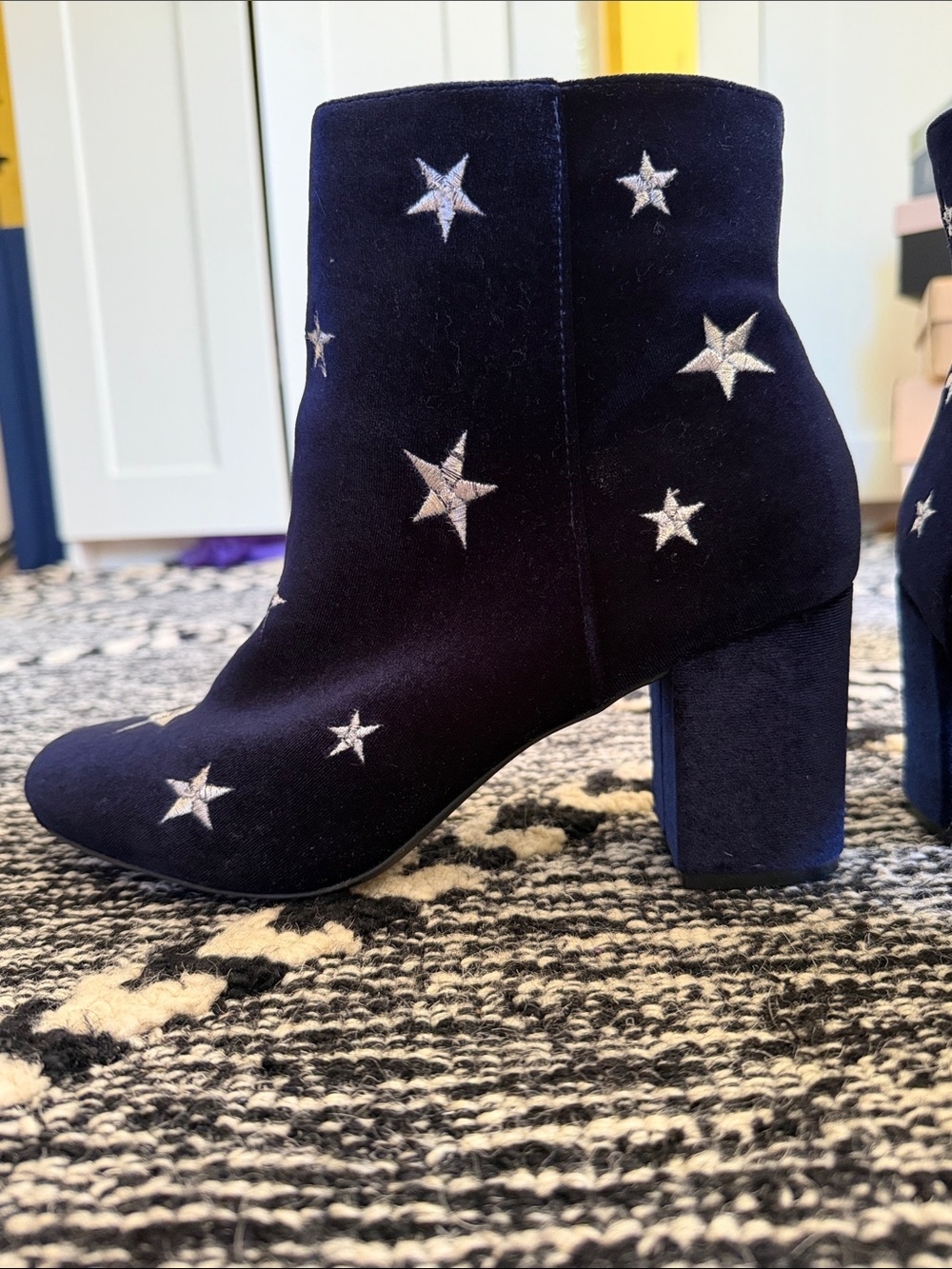 JustFab Navy Velvet Star Embroidered Ankle Boots
